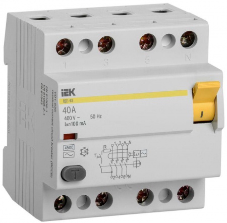 Выключатель дифференциального тока (УЗО) 4п 40А 100мА тип AC ВД1-63 ИЭК MDV10-4-040-100 22316