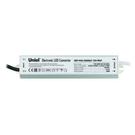 Блок питания UET-VAJ-030A67 для светодиодов с защ. от короткого замыкания и перегрузок 30Вт 12В IP67 алюм. Uniel 10587 488491
