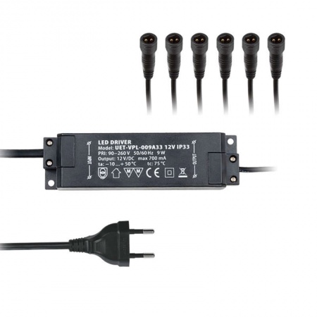 Блок питания UET-VPL-009А33 6 выходов для светодиодов с вилкой влагозащ. кабелем и 6 коннекторами 9Вт 12В IP33 картон. коробка Uniel 08939 488488
