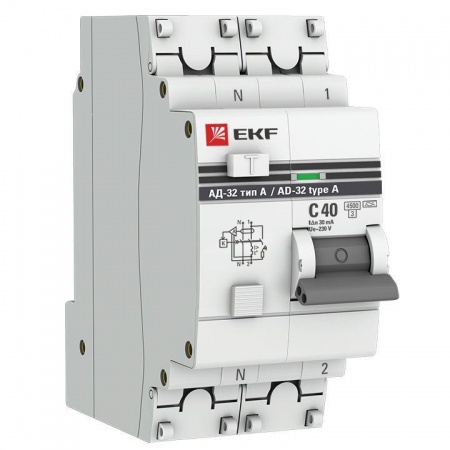 Выключатель автоматический диф. тока 1п+N 40А 30мА тип А АД-32 PROxima EKF DA32-40-30-a-pro 1207992