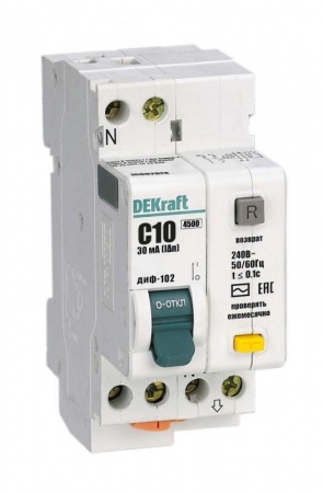 Выключатель автоматический дифференциального тока 2п (1P+N) C 10А 30мА тип AC 4.5кА ДИФ-102 2мод. DeKraft 16002DEK 145797