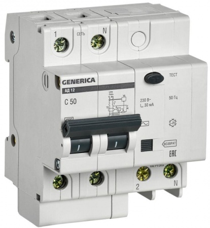 Выключатель автоматический дифференциального тока 2п 50А 30мА АД12 GENERICA ИЭК MAD15-2-050-C-030 476456