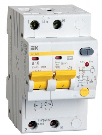 Выключатель автоматический дифференциального тока 2п B 16А 30мА тип A 4.5кА АД-12М 3.5мод. ИЭК MAD12-2-016-B-030 204559