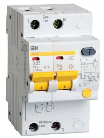 Выключатель автоматический дифференциального тока 2п B 25А 30мА тип AC 4.5кА АД-12 3.5мод. ИЭК MAD10-2-025-B-030 213025