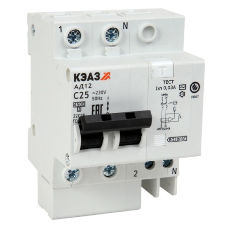 Выключатель автоматический дифференциального тока 2п C 16А 30мА тип A 4.5кА АД12-22 УХЛ4 КЭАЗ 141586 1062749