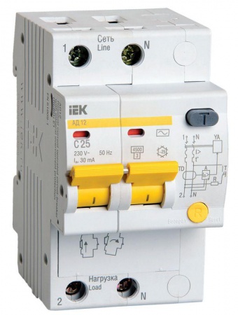 Выключатель автоматический дифференциального тока 2п C 25А 30мА тип AC 4.5кА АД-12 3.5мод. ИЭК MAD10-2-025-C-030 22284