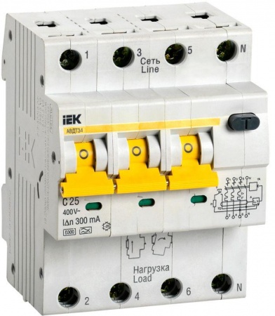 Выключатель автоматический дифференциального тока 4п (3P+N) C 25А 300мА тип A 6кА АВДТ-34 4мод. ИЭК MAD22-6-025-C-300 237556