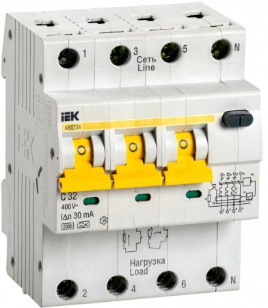 Выключатель автоматический дифференциального тока 4п (3P+N) C 32А 30мА тип A 6кА АВДТ-34 4мод. ИЭК MAD22-6-032-C-30 263318