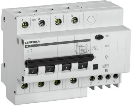 Выключатель автоматический дифференциального тока 4п 10А 30мА АД14 GENERICA ИЭК MAD15-4-010-C-030 476458