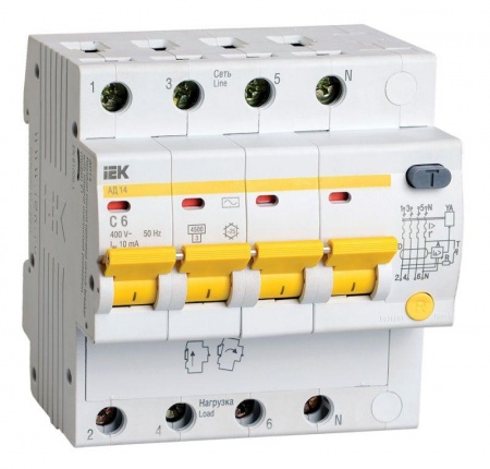 Выключатель автоматический дифференциального тока 4п C 6А 10мА тип AC 4.5кА АД-14 6.5мод ИЭК MAD10-4-006-C-010 147564