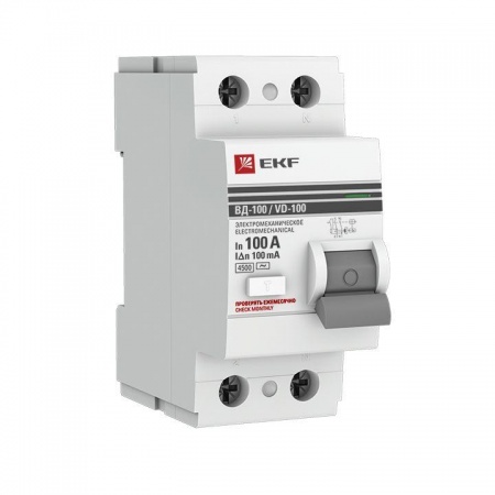 Выключатель дифференциального тока (УЗО) 2п 100А 100мА тип AC ВД-100 PROxima (электромех.) EKF elcb-2-100-100-em-pro 326007