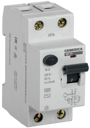 Выключатель дифференциального тока (УЗО) 2п 16А 30мА тип AC ВД1-63 GENERICA ИЭК MDV15-2-016-030 465279