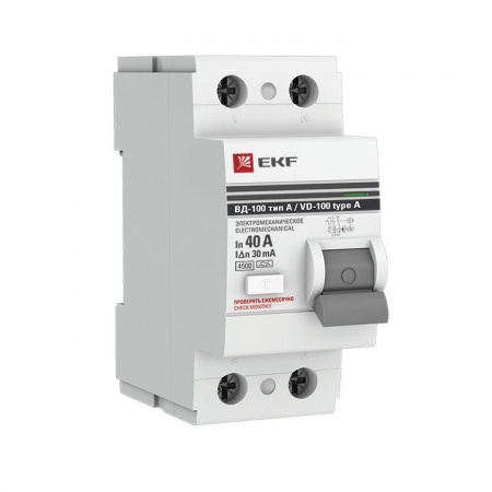 Выключатель дифференциального тока (УЗО) 2п 40А 30мА тип A ВД-100 PROxima (электромех.) EKF elcb-2-40-30-em-a-pro 444455