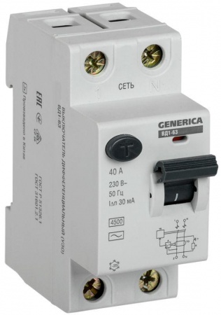 Выключатель дифференциального тока (УЗО) 2п 40А 30мА тип AC ВД1-63 GENERICA ИЭК MDV15-2-040-030 465289