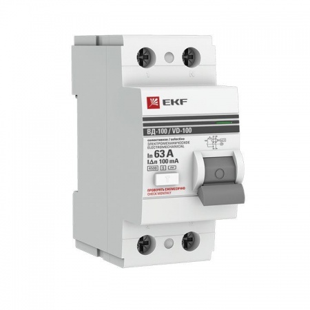 Выключатель дифференциального тока (УЗО) 2п 63А 100мА тип AC ВД-100 PROxima (электромех.) EKF elcb-2-63-100S-em-pro 415949