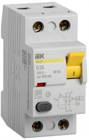 Выключатель дифференциального тока (УЗО) 2п 63А 100мА тип AC ВД1-63 ИЭК MDV10-2-063-100 41416