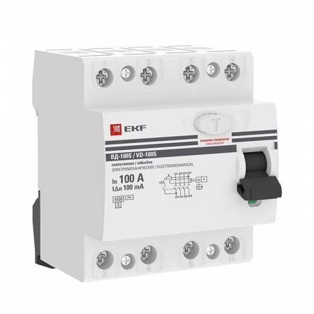 Выключатель дифференциального тока (УЗО) 4п 100А 100мА тип AC ВД-100 PROxima (электромех.) EKF elcb-4-100-100S-em-pro 415959