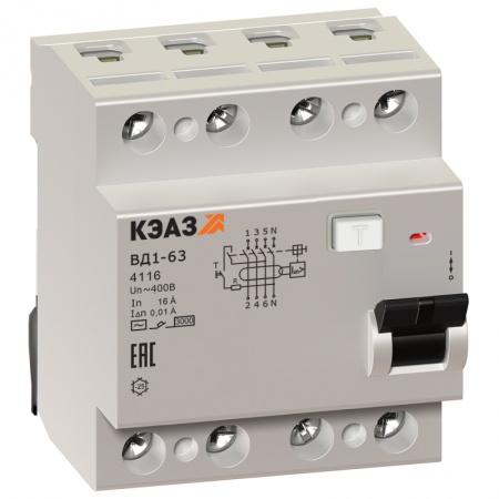 Выключатель дифференциального тока (УЗО) 4п 16А 300мА тип AC ВД1-63 4416 УХЛ4 КЭАЗ 222725 327558