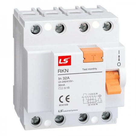 Выключатель дифференциального тока (УЗО) 4п 25А 100мА тип A RKN LSIS 062400388B 395546