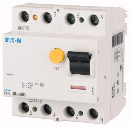 Выключатель дифференциального тока (УЗО) 4п 25А 30мА тип AC 4.5кА PF4 4мод. EATON 293173 267216