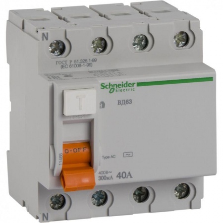 Выключатель дифференциального тока (УЗО) 4п 40А 300мА тип AC ВД63 Домовой SchE 11465 84002