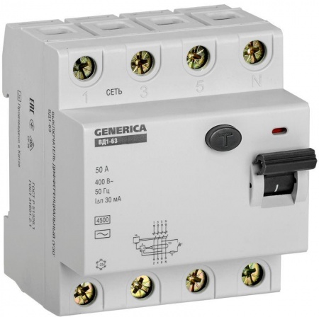 Выключатель дифференциального тока (УЗО) 4п 50А 30мА тип AC ВД1-63 GENERICA ИЭК MDV15-4-050-030 465312