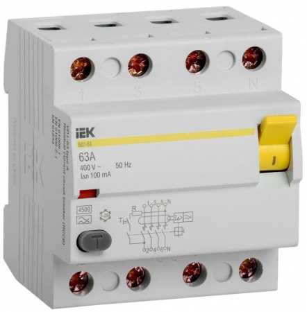 Выключатель дифференциального тока (УЗО) 4п 63А 100мА тип A ВД1-63 ИЭК MDV11-4-063-100 1035951