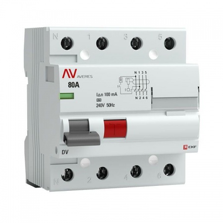 Выключатель дифференциального тока (УЗО) 4п 80А 100мА тип A DV AVERES EKF rccb-4-80-100-a-av 1208894