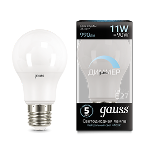 Лампа светодиодная Led A60-dim E27 11Вт 4100К диммируемая Gauss 102502211-D 503343