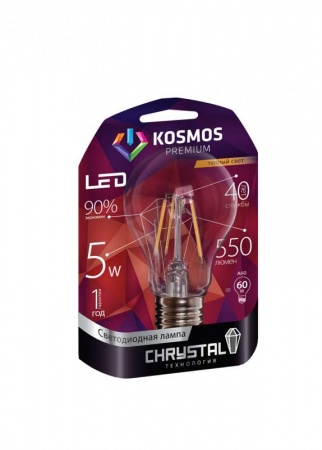 Лампа светодиодная LED KOSMOS premium A60 5Вт грушевидная "Золотая Нить" E27 230В 3000К Космос KLED5wA60230vE2727GF 307080