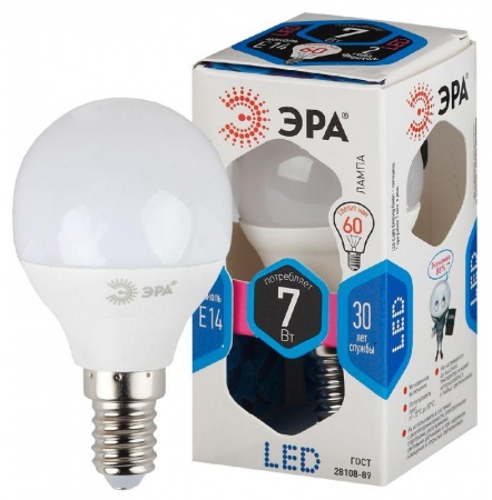 Лампа светодиодная LED smd P45-7w-840-E14 ЭРА Б0017222/Б0020551 298840