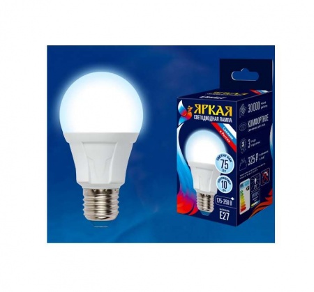 Лампа светодиодная LED-A60 10W/DW/E27/FR грушевидная PLP01WH форма "А" мат. серия "ЯРКАЯ" свет дневной 6500К упак. картон Uniel UL-00002004 485428