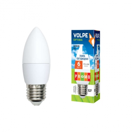 Лампа светодиодная LED-C37-6W/NW/E14/FR/O 6Вт свеча 4500К белый E14 450лм 175-250В Volpe 10213 413551