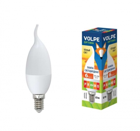 Лампа светодиодная LED-CW37-6Вт/WW/E14/FR/O 6Вт свеча на ветру 3000К тепл. бел. E14 175-250В картон Volpe UL-00000308 413386