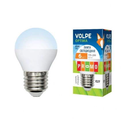 Лампа светодиодная LED-G45-6W/NW 6Вт шар 4500К белый E27 450лм 175-250В Volpe 10216 413558