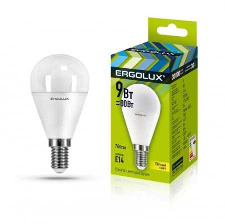 Лампа светодиодная LED-G45-9W-E14-3К Шар 9Вт E14 3000К 172-265В Ergolux 13173 492881