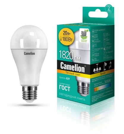 Лампа светодиодная LED20-A65/830/E27 20Вт 220В Camelion 13164 492010