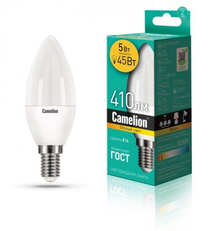 Лампа светодиодная LED5-C35/830/E14 5Вт свеча 3000К тепл. бел. E14 390лм 220-240В Camelion 12031 397015