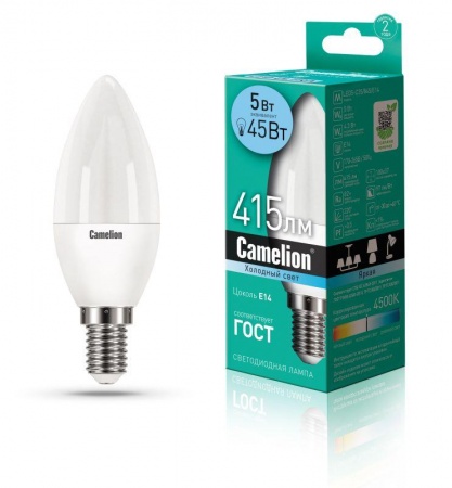 Лампа светодиодная LED5-C35/845/E14 5Вт свеча 4500К белый E14 405лм 220-240В Camelion 12032 397016