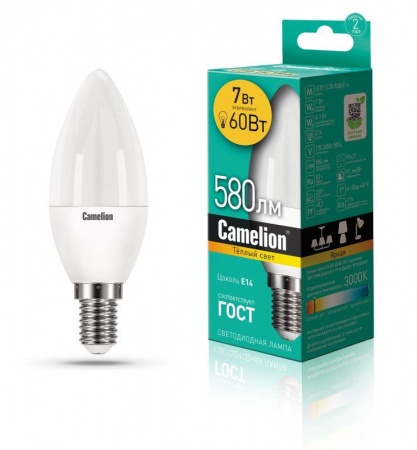 Лампа светодиодная LED7-C35/830/E14 7Вт свеча 3000К тепл. бел. E14 530лм 220-240В Camelion 12073 404312