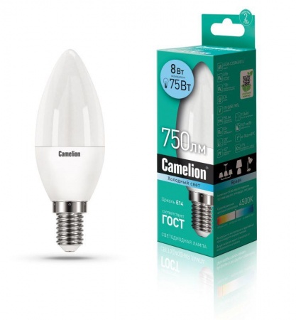 Лампа светодиодная LED8-C35/845/E14 8Вт свеча 4500К белый E14 750лм 170-265В Camelion 12386 439682