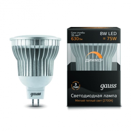 Лампа светодиодная диммируемая MR16 SMD 8Вт 2700К тепл. бел. GU5.3 GAUSS EB101105108-D 316770
