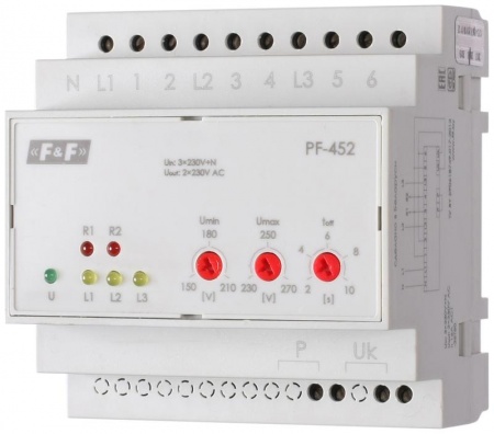 Переключатель фаз PF-452 (два выхода для питания нагрузки; с регулируемыми верхними (230-260) и нижними (150-210) значениями напряжения переключения; монтаж на DIN-рейке 35мм 3х400/230+N 6х16A IP20) F&F EA04.005.004 320165