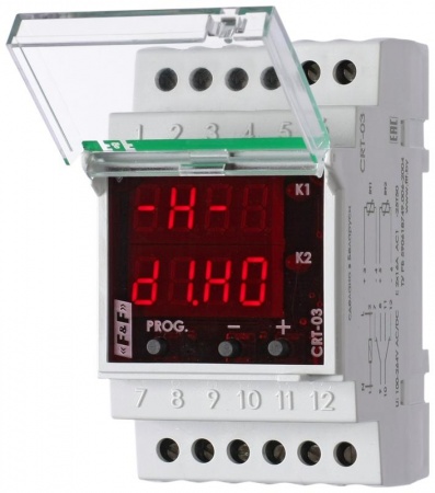 Регулятор температуры CRT-03 (2-канал.; диапазон температур от -10 до +250град.С;многофункциональный; цифровая индикация; выносные датчики с термоустойчивым проводом в комплекте ; 3 модуля; монтаж на DIN-рейке) F&F EA07.001.016 501717