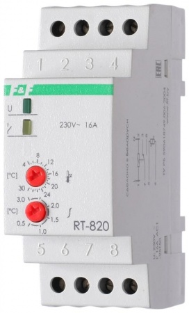 Регулятор температуры RT-820 (от +4 до +30 град.С; с выносным датчиком в комплекте; 2 модуля; монтаж на DIN-рейке; 50-264В AC 16А 1NO/NC IP20) F&F EA07.001.001 244580