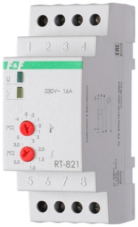 Регулятор температуры RT-821 (от -4 до +5 град.С; с выносным датчиком в комплекте; 2 модуля; монтаж на DIN-рейке; 50-264В AC 16А 1NO/NC IP20) F&F EA07.001.003 246325