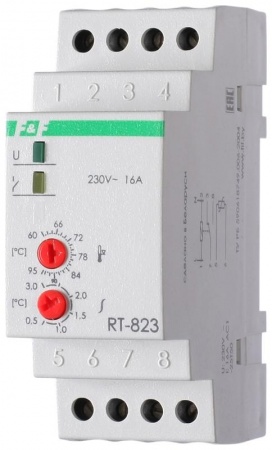 Регулятор температуры RT-823 (от +60 до +95 град.С; выносной датчик с термоус. проводом; монтаж на DIN-рейке 35мм 50-260В 16А 1P IP20) F&F EA07.001.006 320308