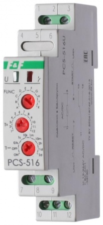 Реле времени PCS-516U (многофункц. (вход: START/RESET) 12-264В AC/DC 8А 1перекл. IP20 монтаж на DIN-рейке) F&F EA02.001.014 253891