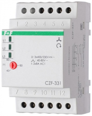 Реле контроля и наличия фаз CZF-331 (монтаж на DIN-рейке 35мм; регулировка порога отключения; 3х400/230+N 2х8А 2P IP20) F&F EA04.001.008 320238