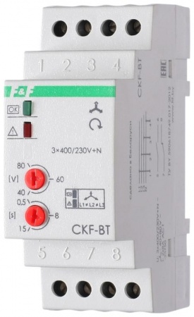 Реле контроля наличия и чередования фаз CKF-BT (монтаж на DIN-рейке 35мм; микропроцессорный; регулировка порога отключения и времени отключения; контроль верхнего и нижнего значений напряжения; 3х400/230+N 2х8А 1Z 1R IP20) F&F EA04.002.004 320241